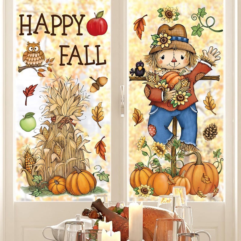 Whaline 6 Sheets Thanksgiving Window Clings Fall Vintage Scarecrow Grain Pile Pumpkin Reusable Window Decals for Autumn Harvest Thanksgiving Party Supplies Home Classroom Office Decor - Image 3